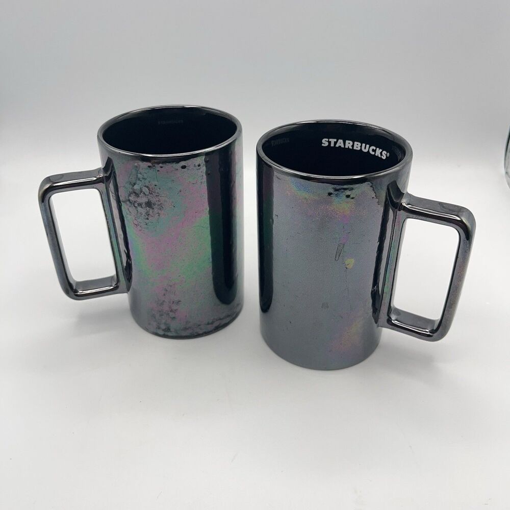 Starbucks Coffee Mug 2020 Oil Slick Black Iridescent Mirror Tall Cup - Set Of 2